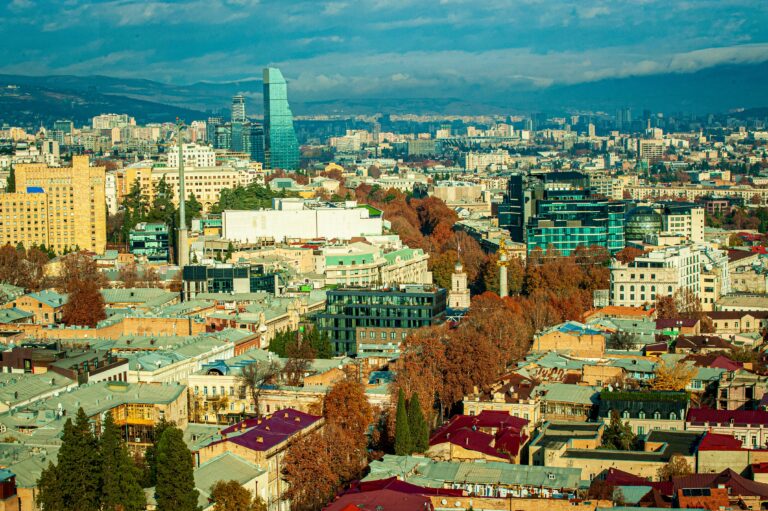 Captivating aerial shot of Tbilisi, Georgia, showcasing modern and historic architecture.